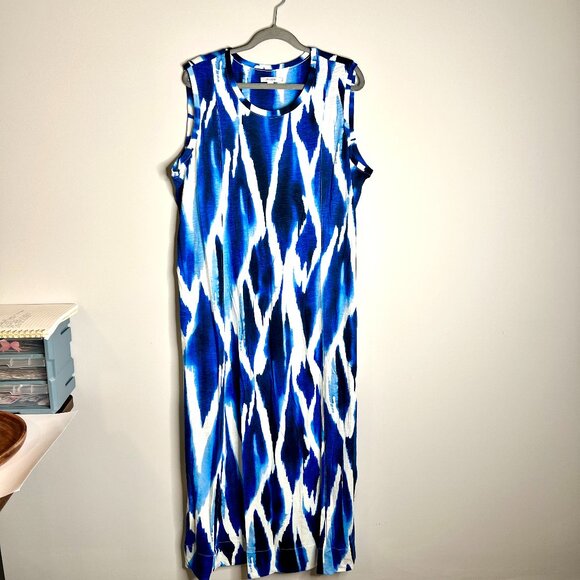 Chico's Long Maxi Shift Dress Bohemian Tie Dye Bright Blue Resortwear Beach 16 - Picture 1 of 4
